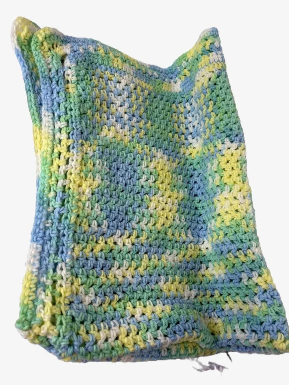 Handmade Crochet Baby Blanket Blue Green Yellow White Grandmacore Nursery Throw